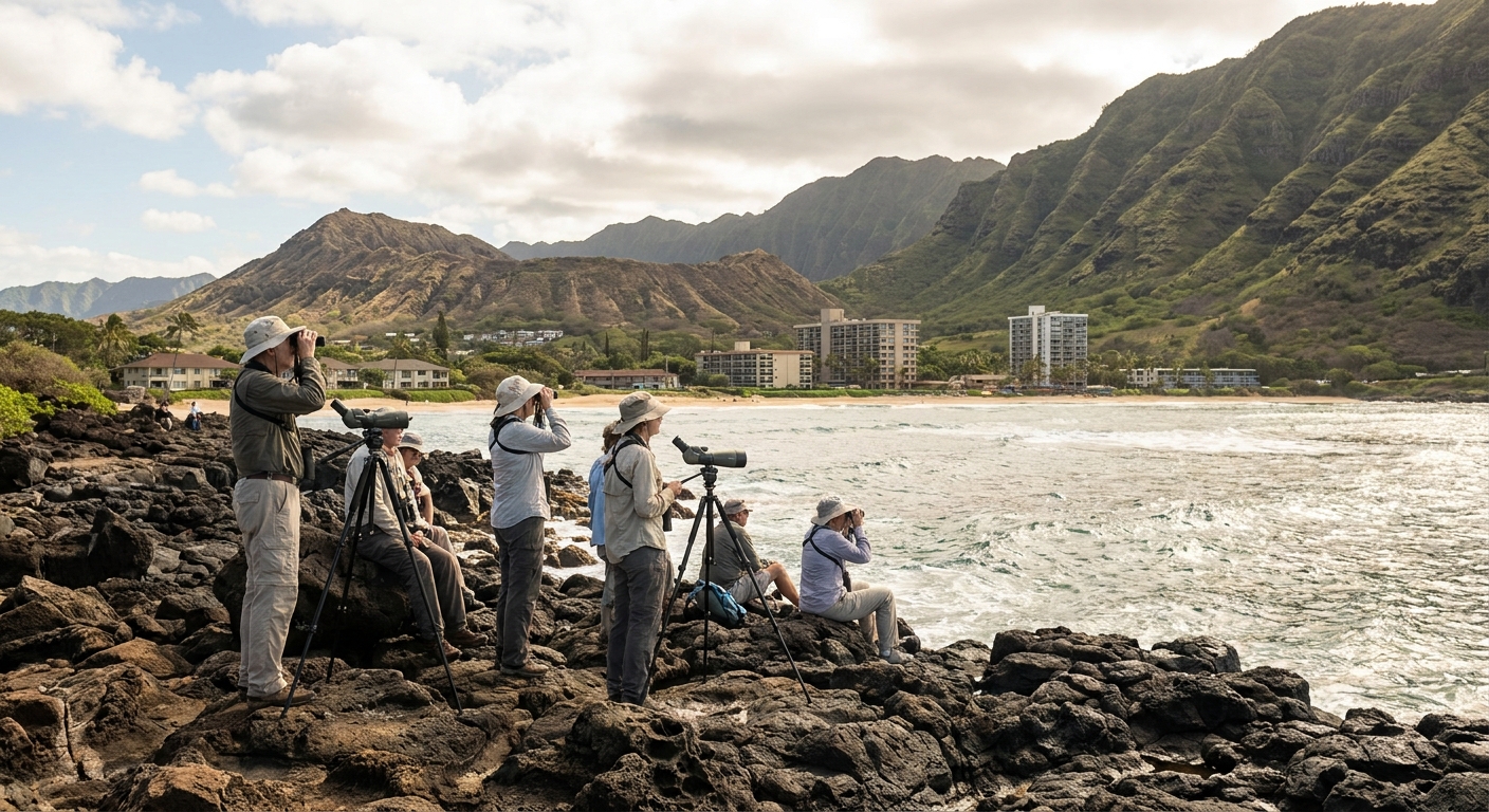 Volunteers scanning the ocean from a rocky Oahu shoreline during a whale count