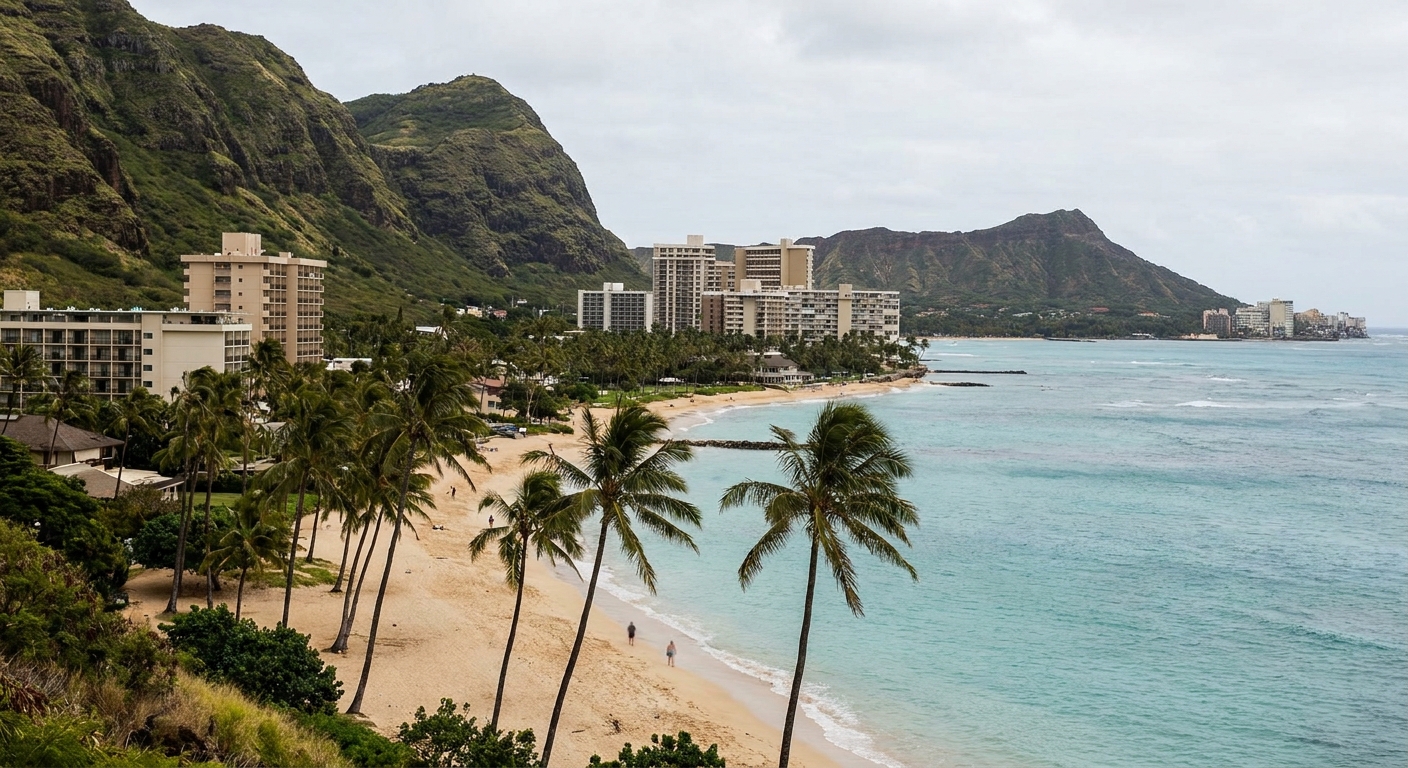 Palm trees and turquoise water along a leeward Hawaii coastline in winter