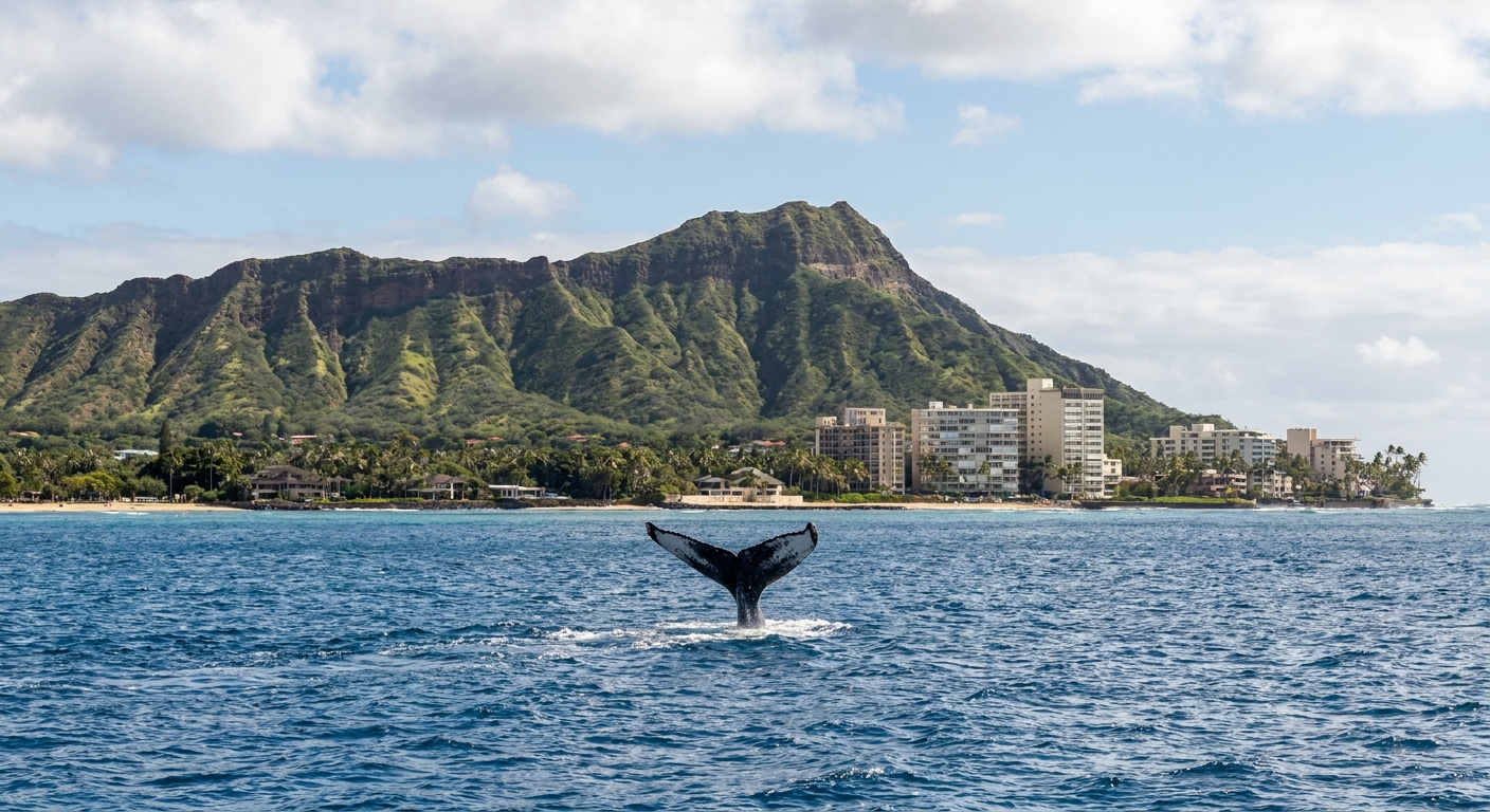 Humpback whale tail rising from the water off a Hawaiian coastline