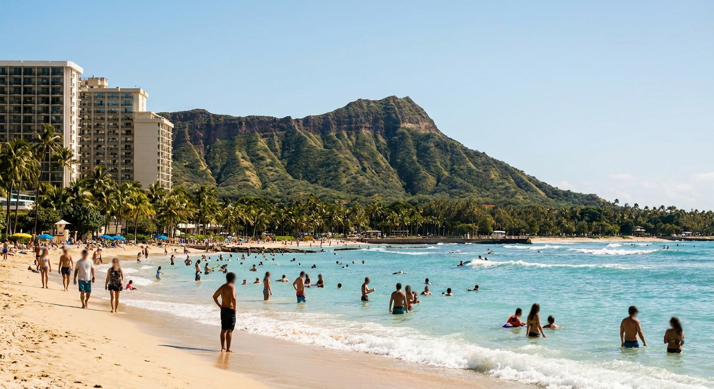 Waikiki Beach and Diamond Head under clear midday sun, with swimmers along the shoreline