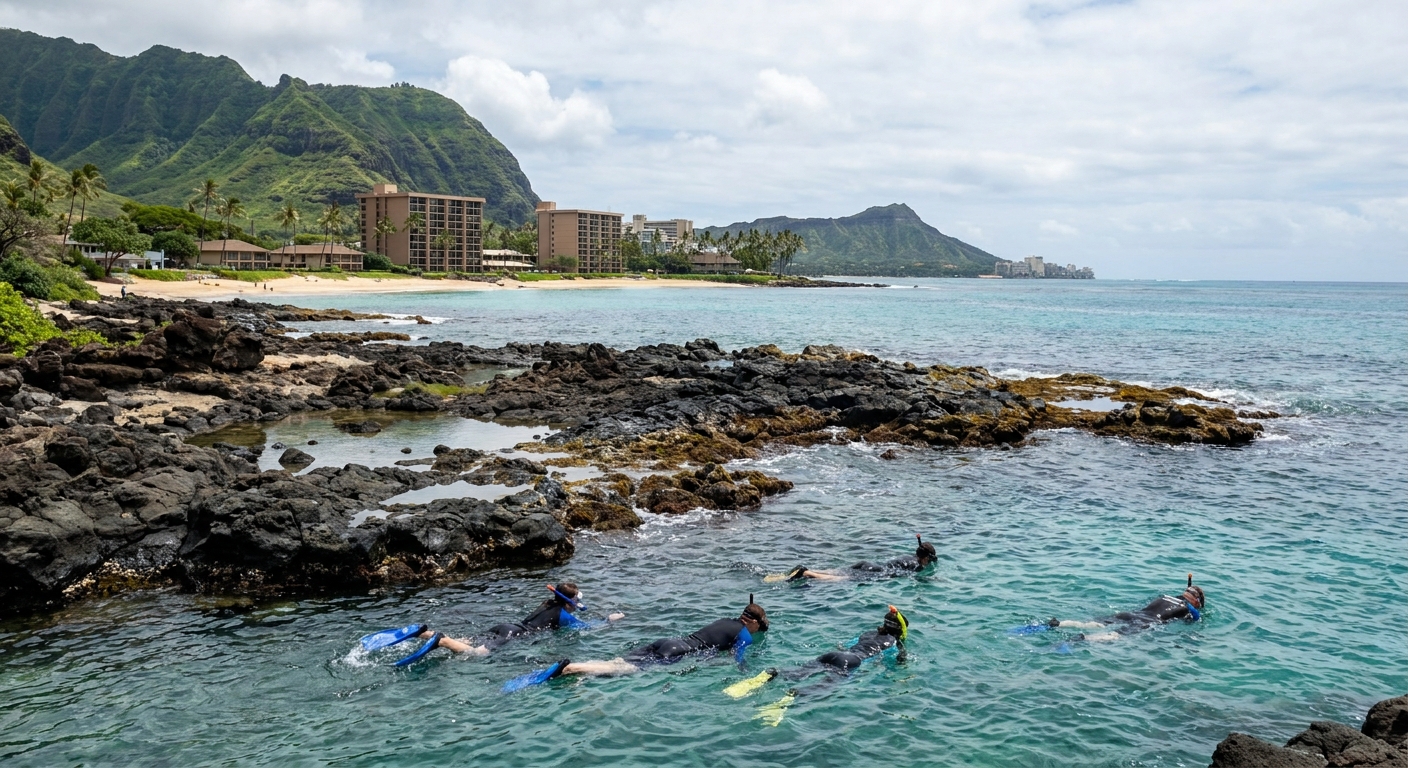 Snorkelers near a lava rock shoreline on Hawaii Island's Kona coast