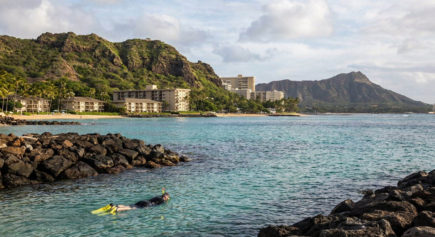 A snorkeler in calm turquoise water off a lava-rock coastline in Hawaii