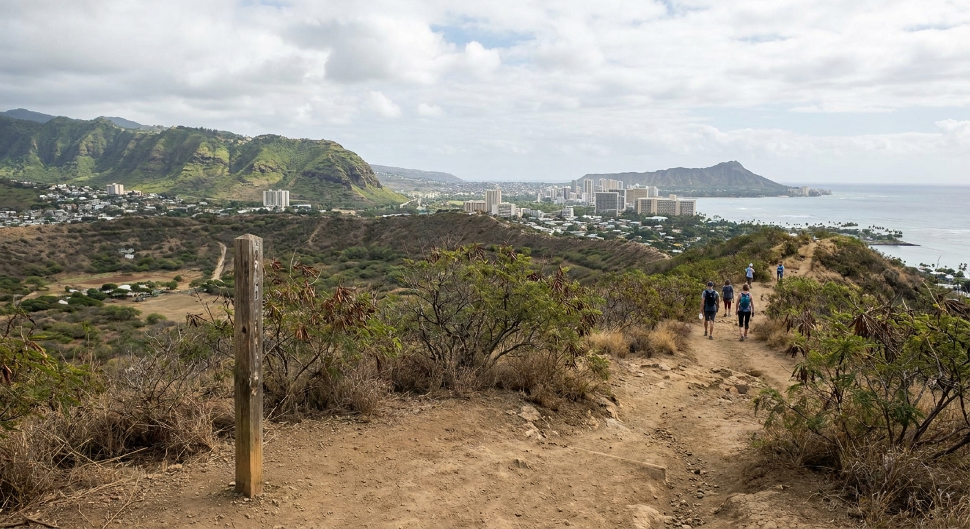 A trail junction near a volcanic crater rim in Hawaii Volcanoes National Park