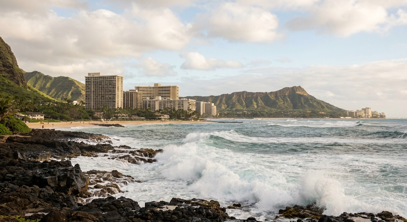 Whitecapped ocean swells rolling toward a rocky Hawaiian coastline under a partly cloudy sky