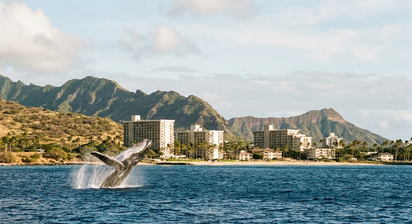 A humpback whale breaching offshore near a Hawaiian coastline