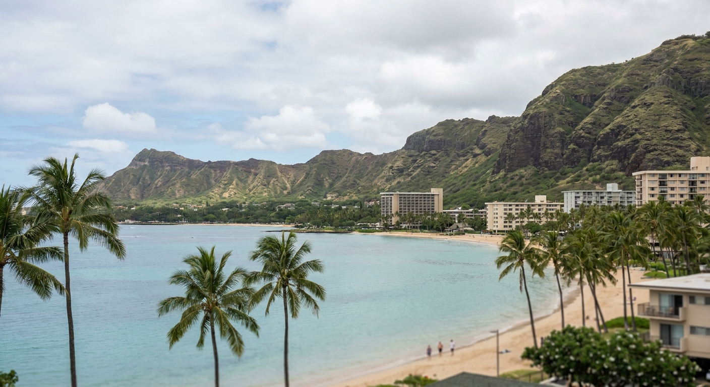Palm trees and a calm turquoise bay on Hawaii's leeward coast