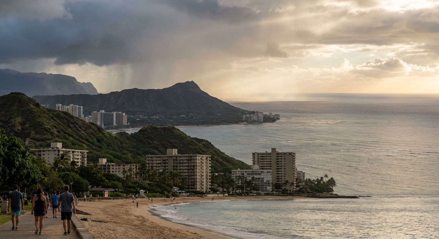 Rain clouds gathering over green cliffs on Hawaii Island's windward coast, with sun breaking through above calmer water offshore