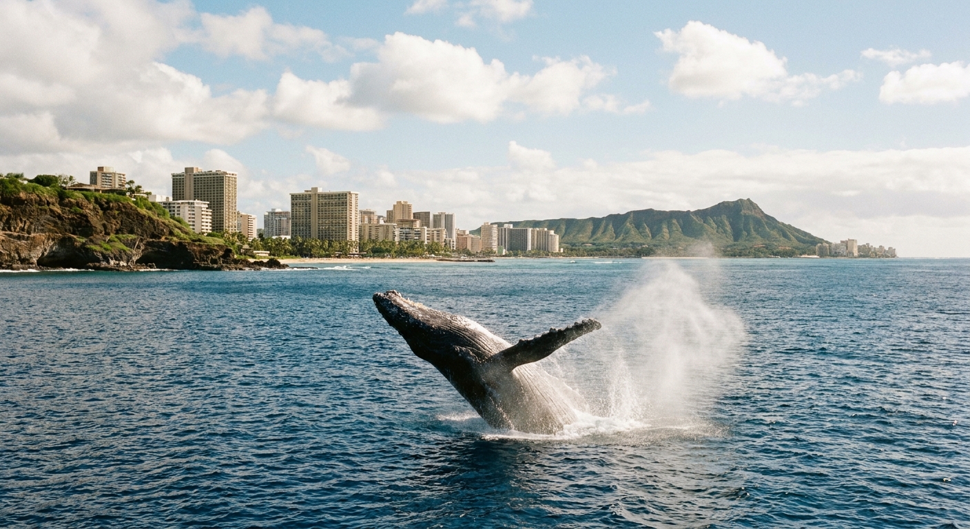 A humpback whale breaching offshore near a rocky Hawaiian coastline, spray visible against blue water
