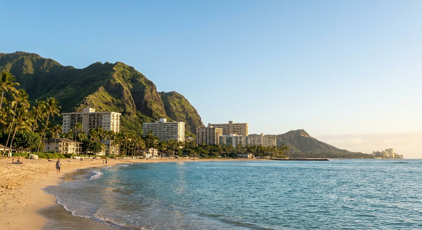 A palm-lined beach on Oahu's south shore with calm turquoise water
