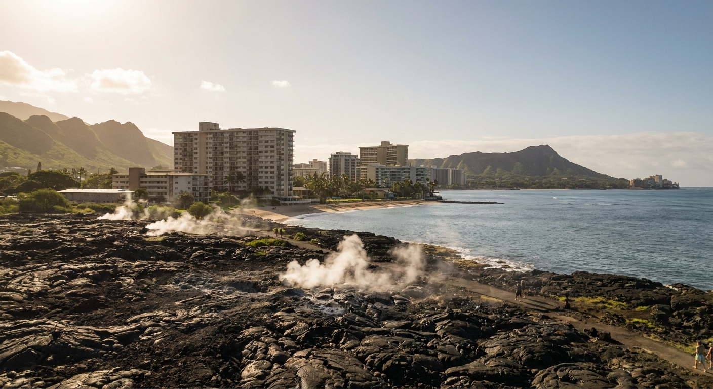 Steam vents rising over a lava field at Hawaii Volcanoes National Park