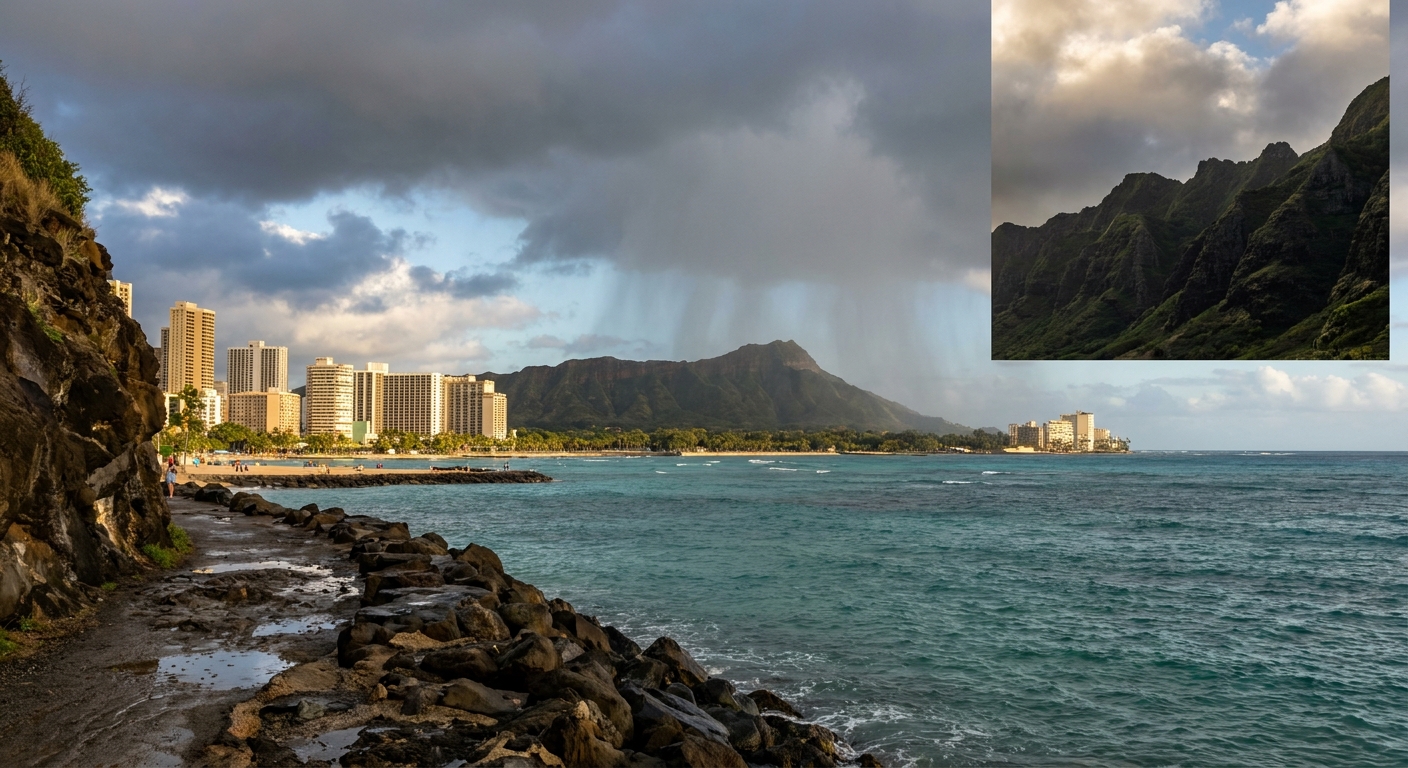 A rain shower moving over green cliffs on Hawaii's windward coast while the opposite shore stays sunny
