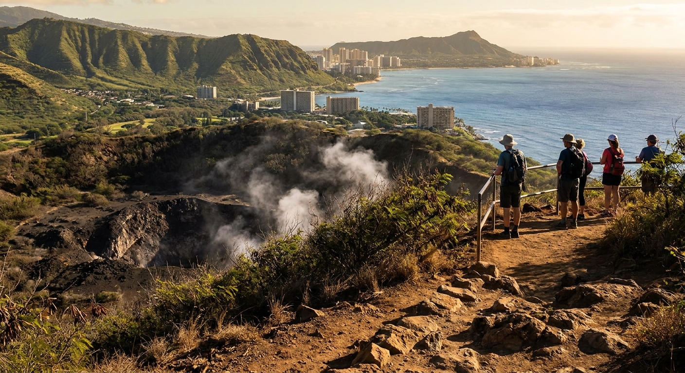 Steam rising from a volcanic crater with hikers viewing from a marked overlook trail