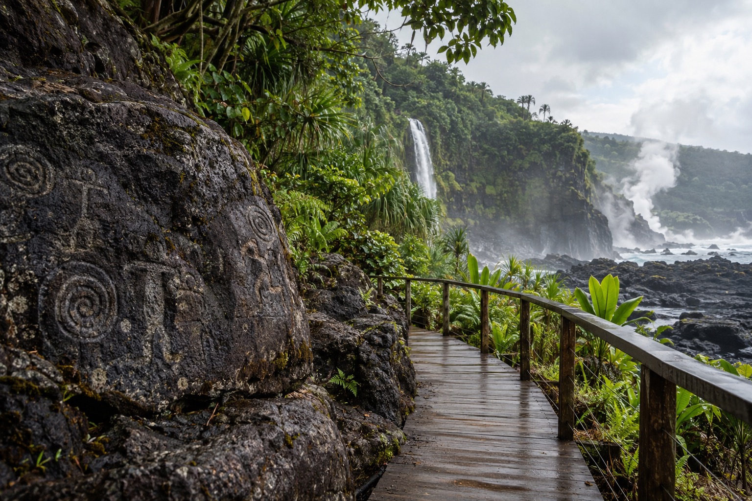 A boardwalk trail leading past ancient petroglyphs carved into dark lava rock