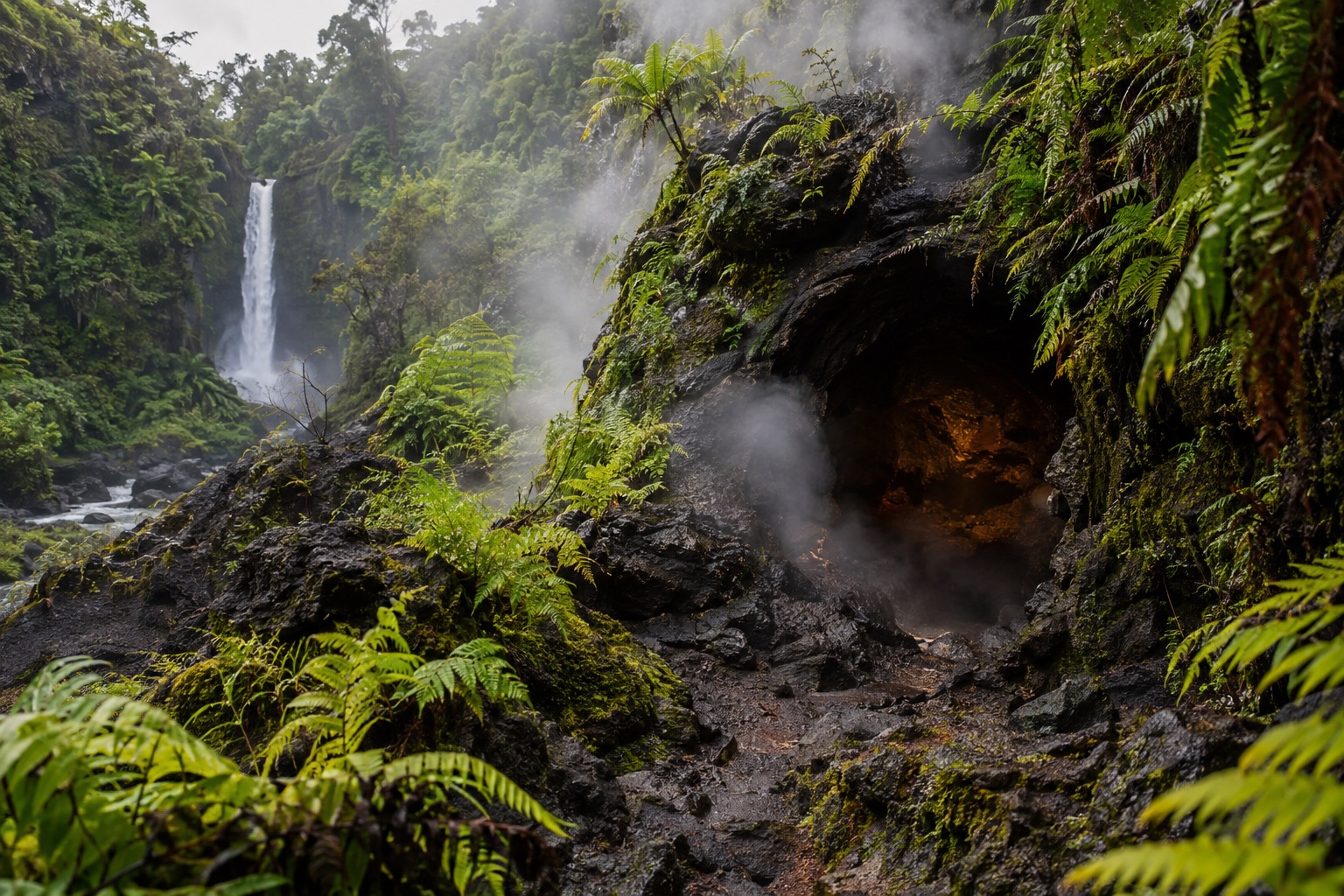 Steam rising near the entrance of a lava tube framed by ferns