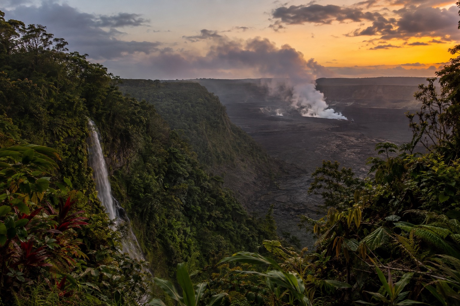 Steam rising from a volcanic crater within a forested caldera at dusk