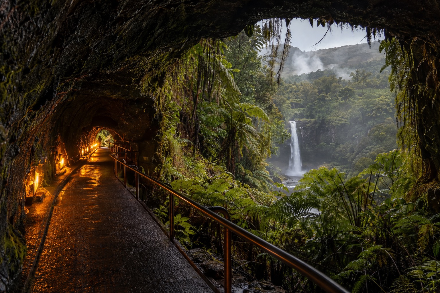 A lit walkway through the lava tube at Nahuku in Hawaii Volcanoes National Park