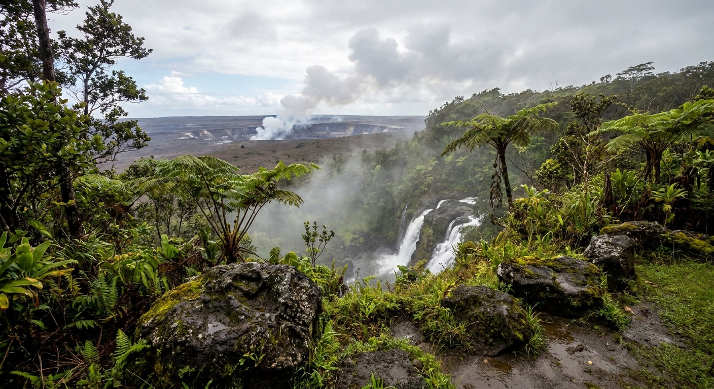 Steam rising from the Kilauea caldera under a partly cloudy sky
