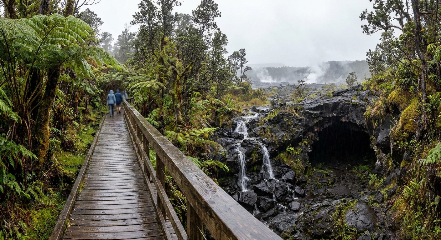 A boardwalk trail leading into a dark lava tube entrance surrounded by tree ferns