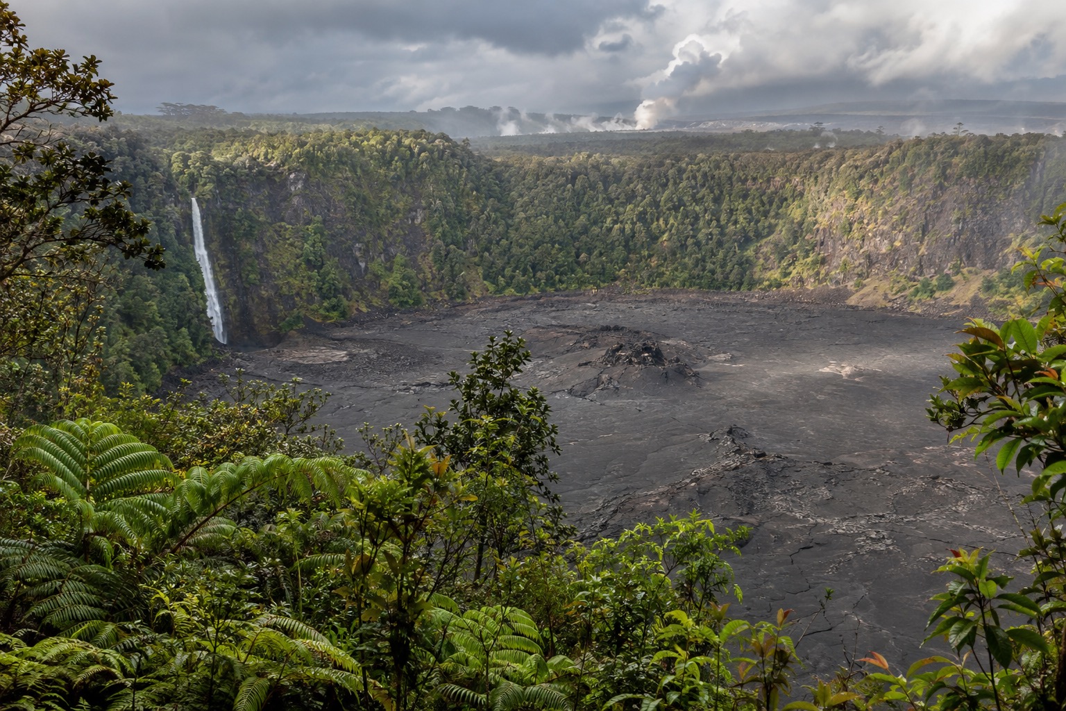 The Kilauea Iki crater floor seen from its rim trail, ringed by rainforest
