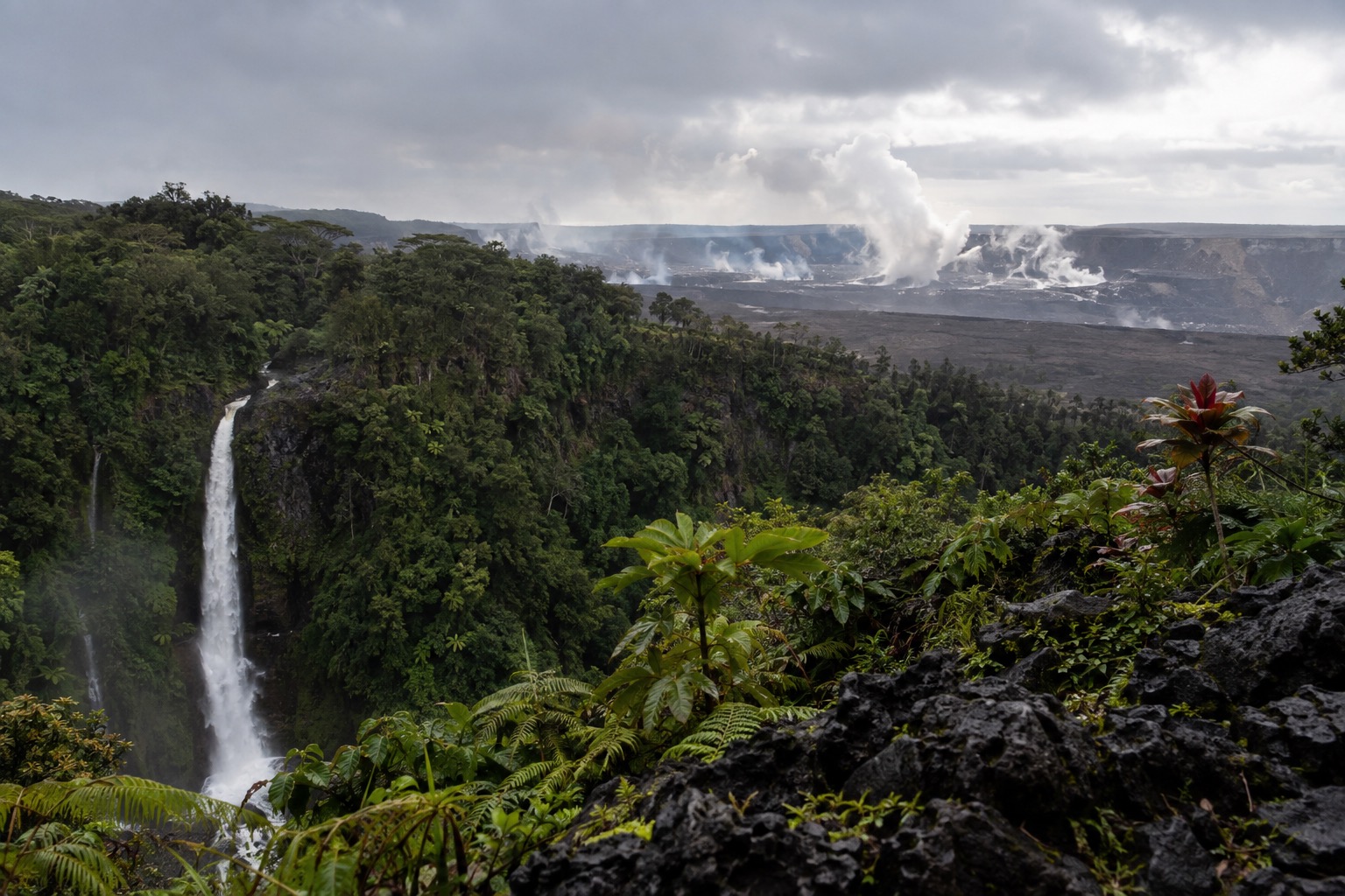 Steam rising from vents along Kilauea's caldera rim under a gray sky