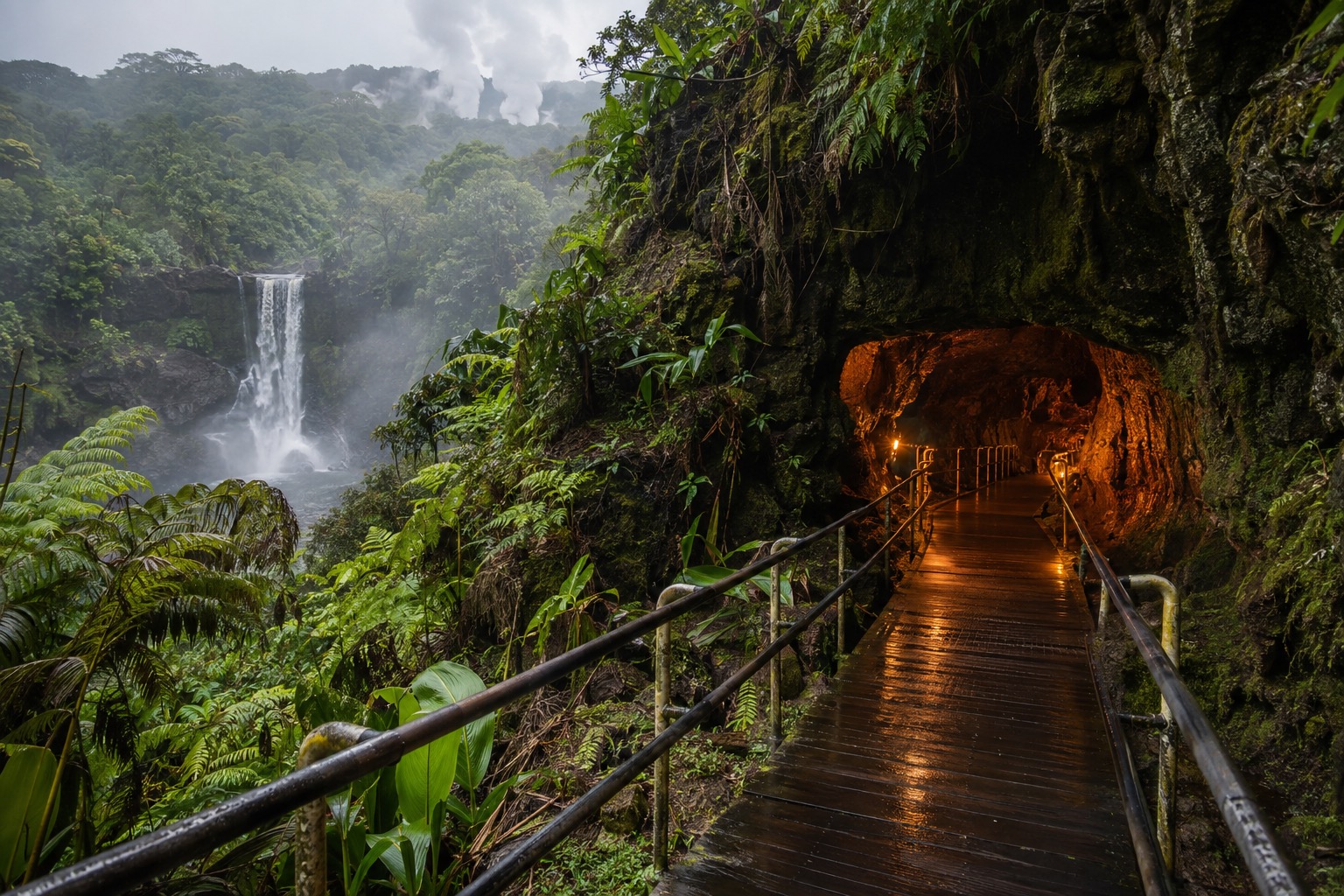 A boardwalk trail leading into a lit lava tube tunnel
