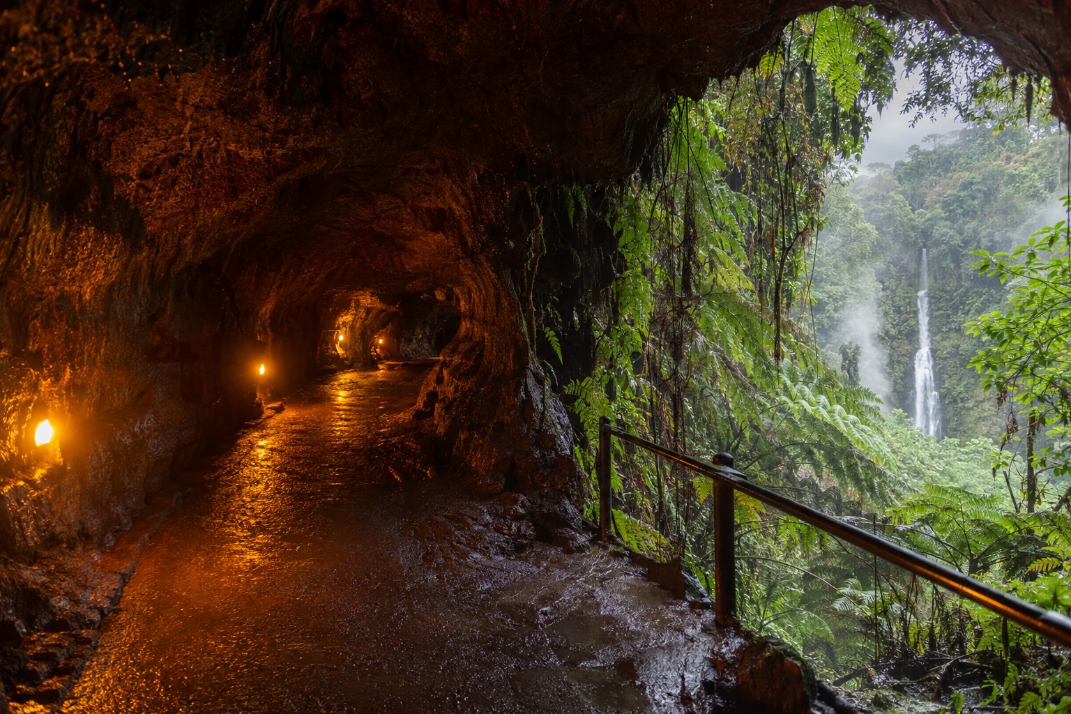 The lit interior passage of Nahuku, the Thurston Lava Tube, at Hawaii Volcanoes National Park