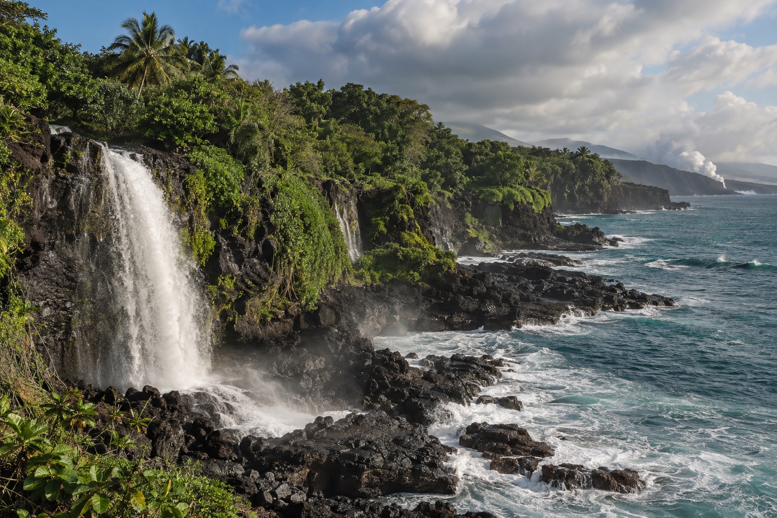 Lush green cliffs and a waterfall along Hilo's windward coast under a partly cloudy sky