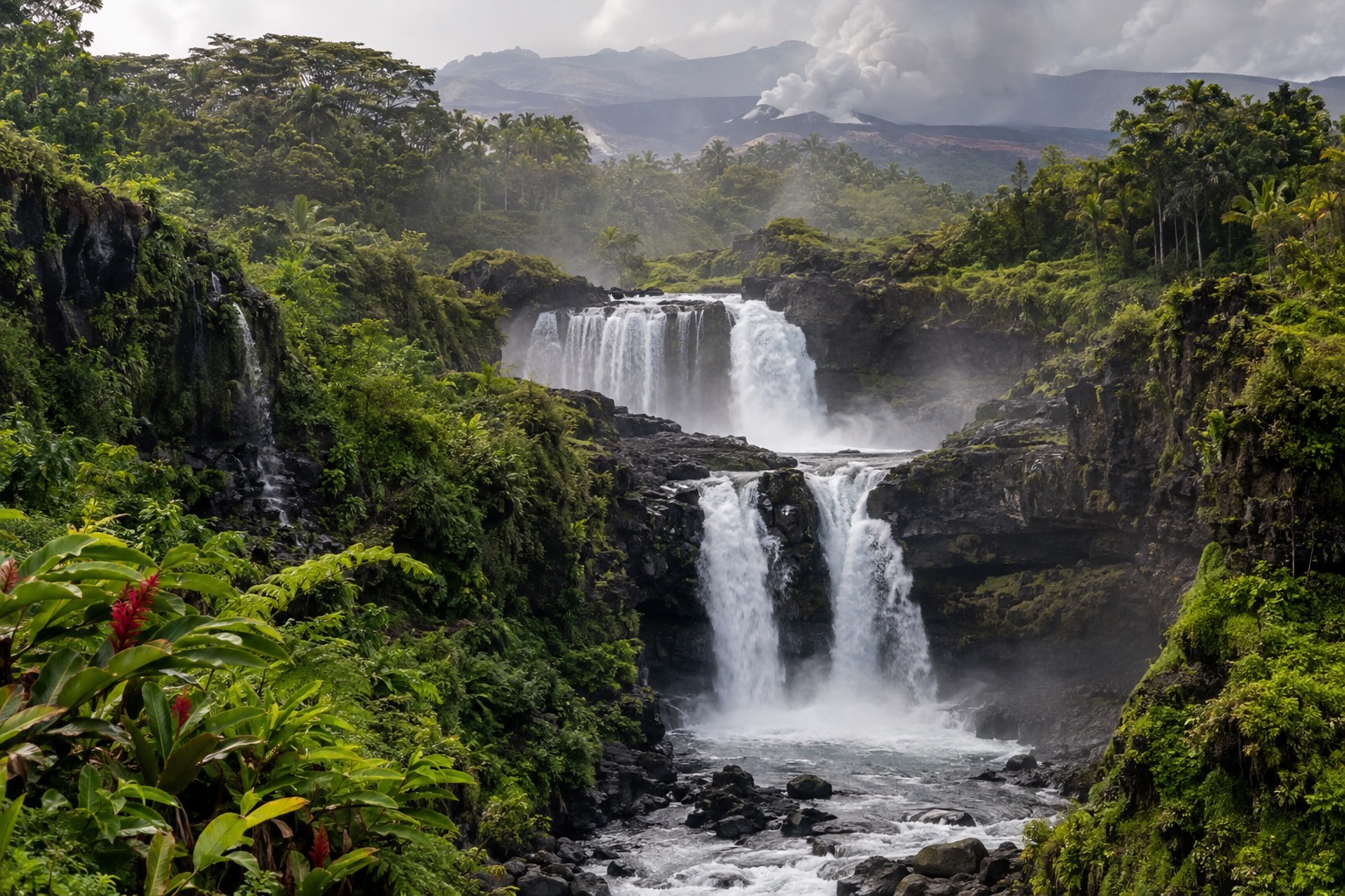 A wide multi-tiered waterfall dropping through a fern-covered gorge on Hawaii's Big Island