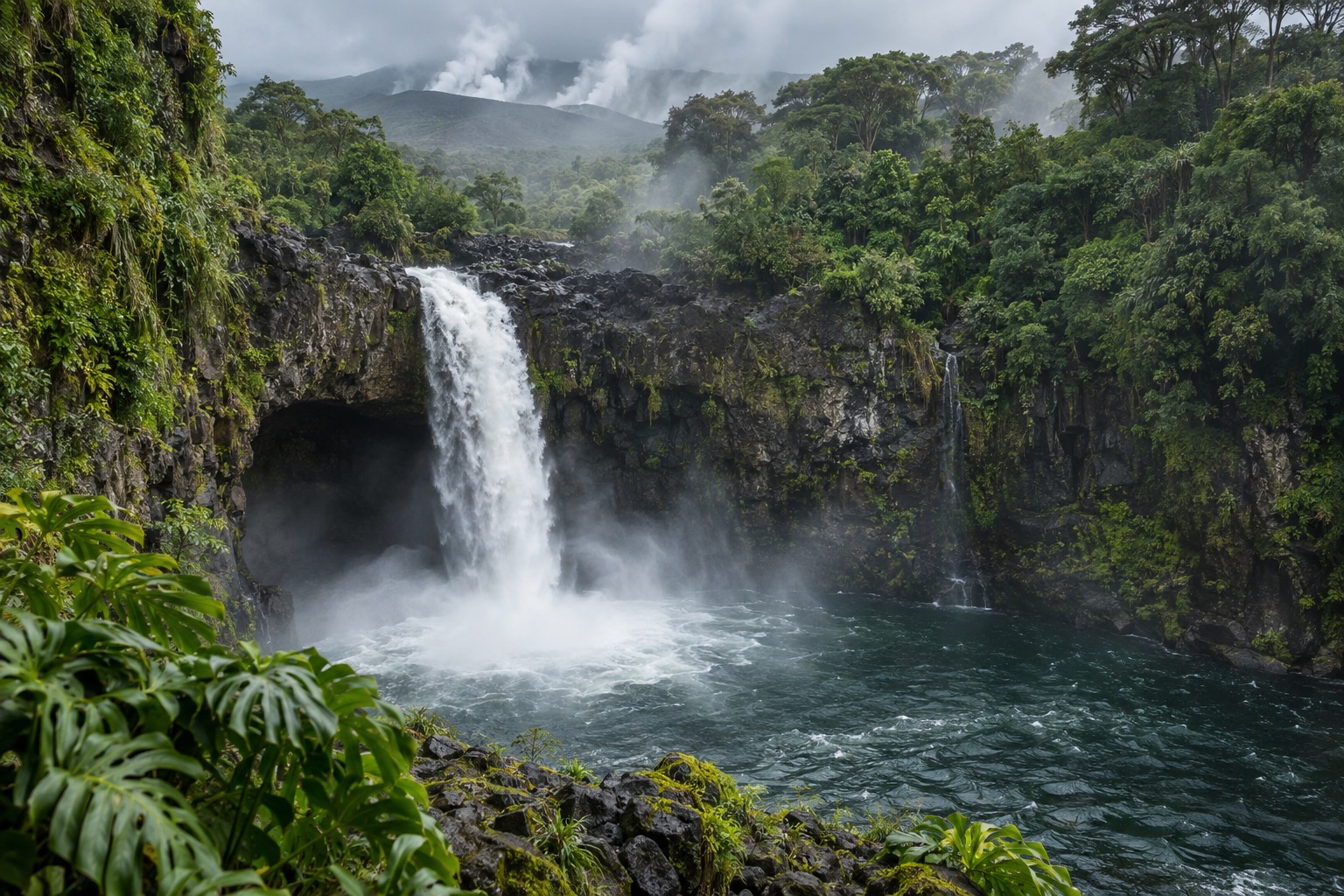 Misty rainforest cliffs above a wide waterfall pool near Hilo, Hawaii