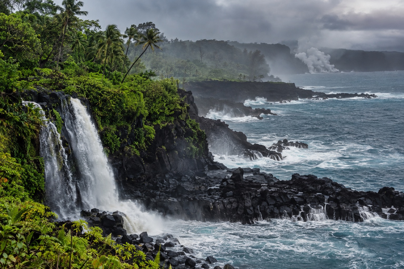 Misty rainforest coastline near Hilo with dark volcanic rock and gray sky