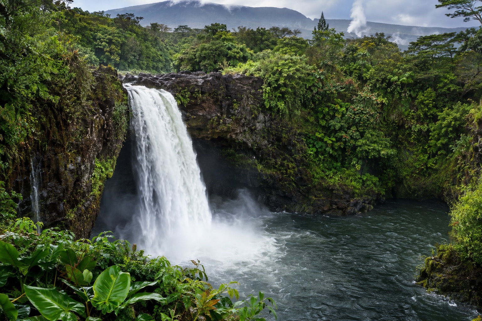 Rainbow Falls dropping into a plunge pool inside Wailuku River State Park
