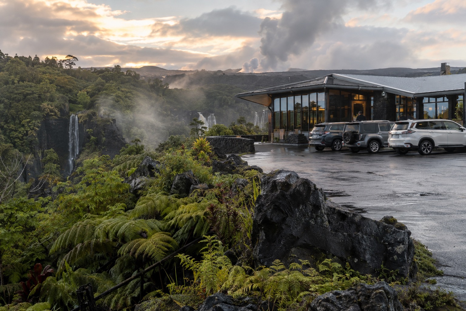 The Maunakea Visitor Information Station with cars parked in late-afternoon light