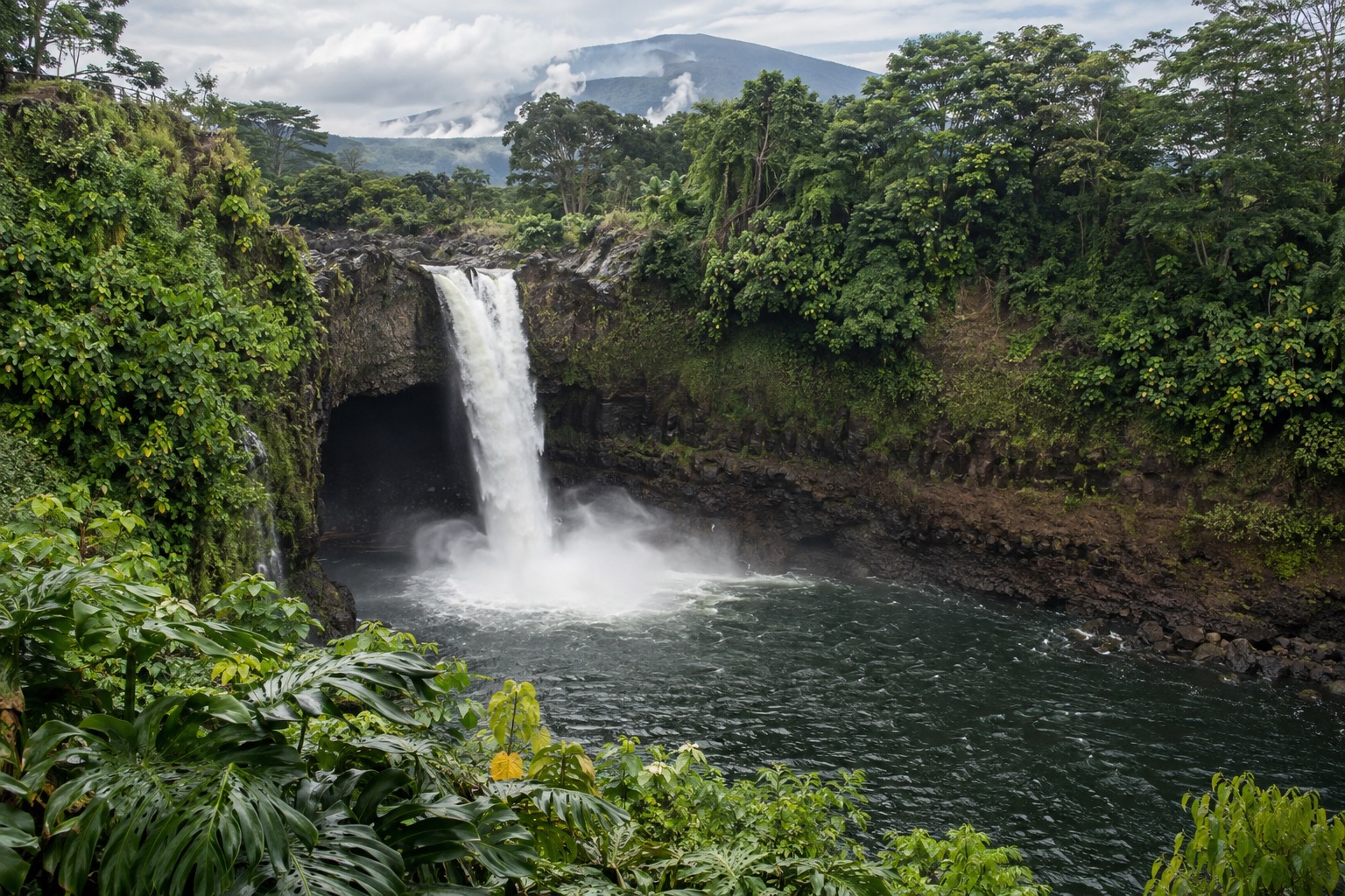 Rainbow Falls dropping into a pool surrounded by tropical foliage in Hilo