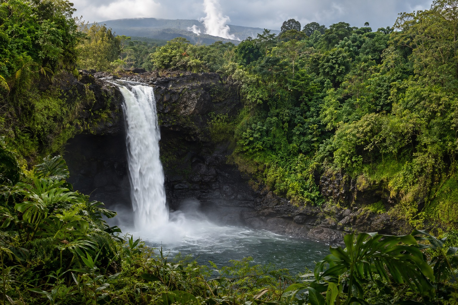 A waterfall dropping into a green forested gorge
