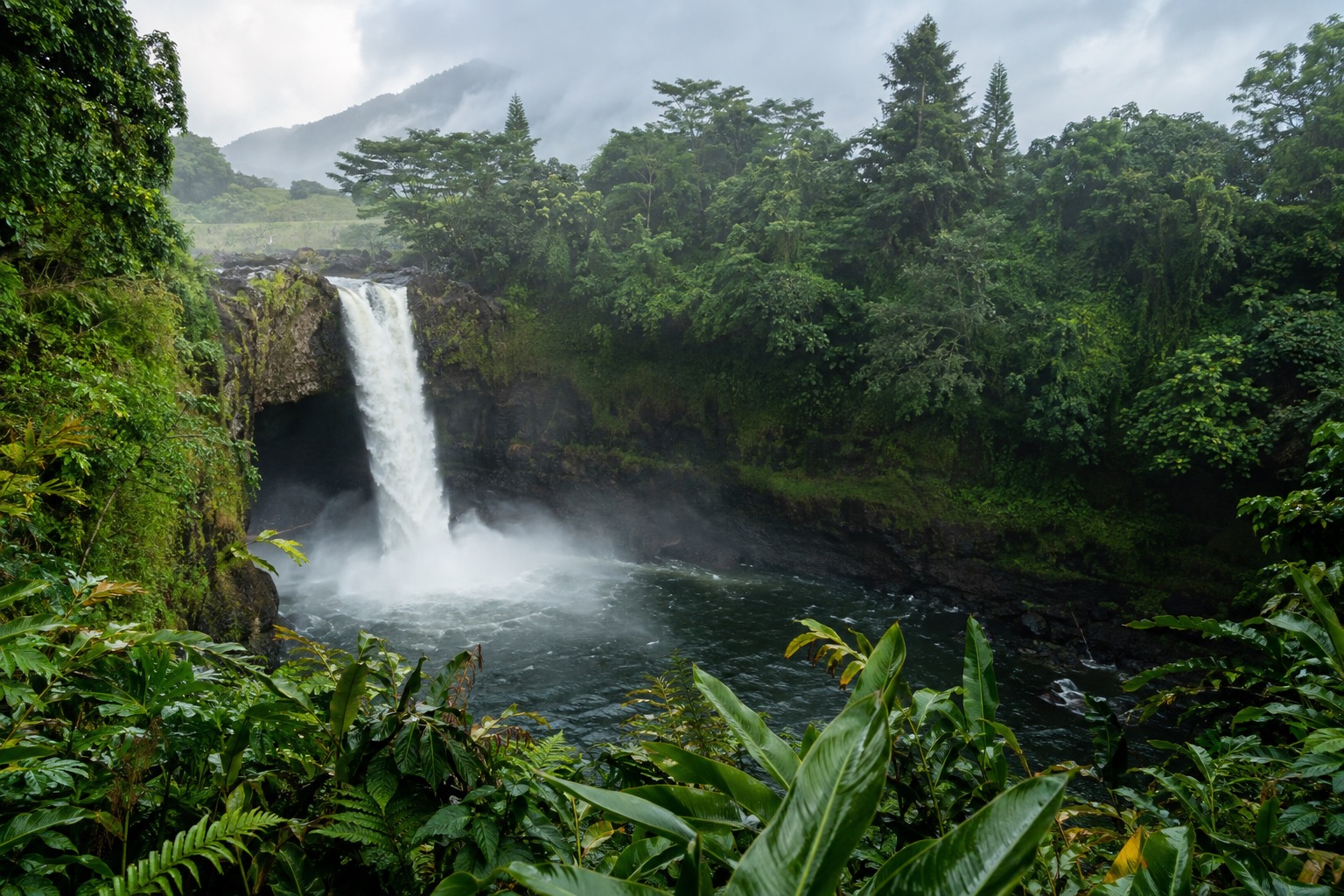 Misty rainforest waterfall dropping into a dark pool near Hilo, Hawaii