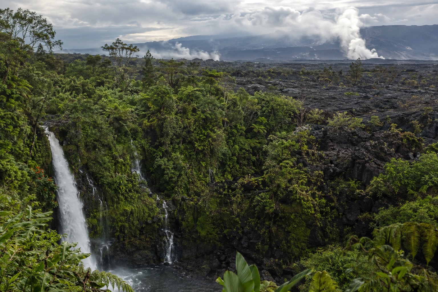 Steam rising from a lava field at Hawaii Volcanoes National Park under cloudy skies