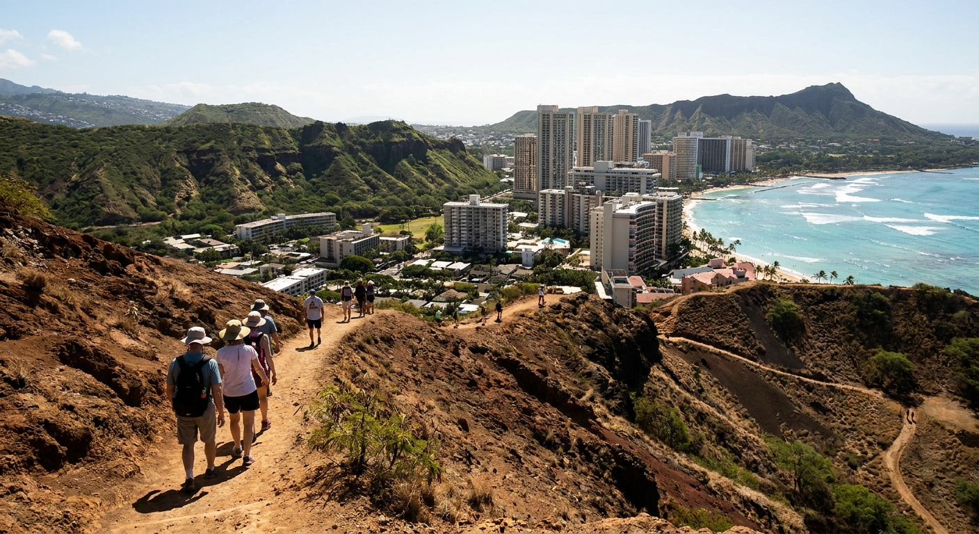 A dry switchback trail climbing the inside wall of a volcanic crater under strong sun
