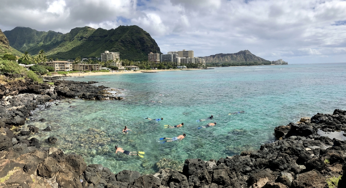 A shallow reef bay ringed by a green crater rim, with snorkelers in clear water