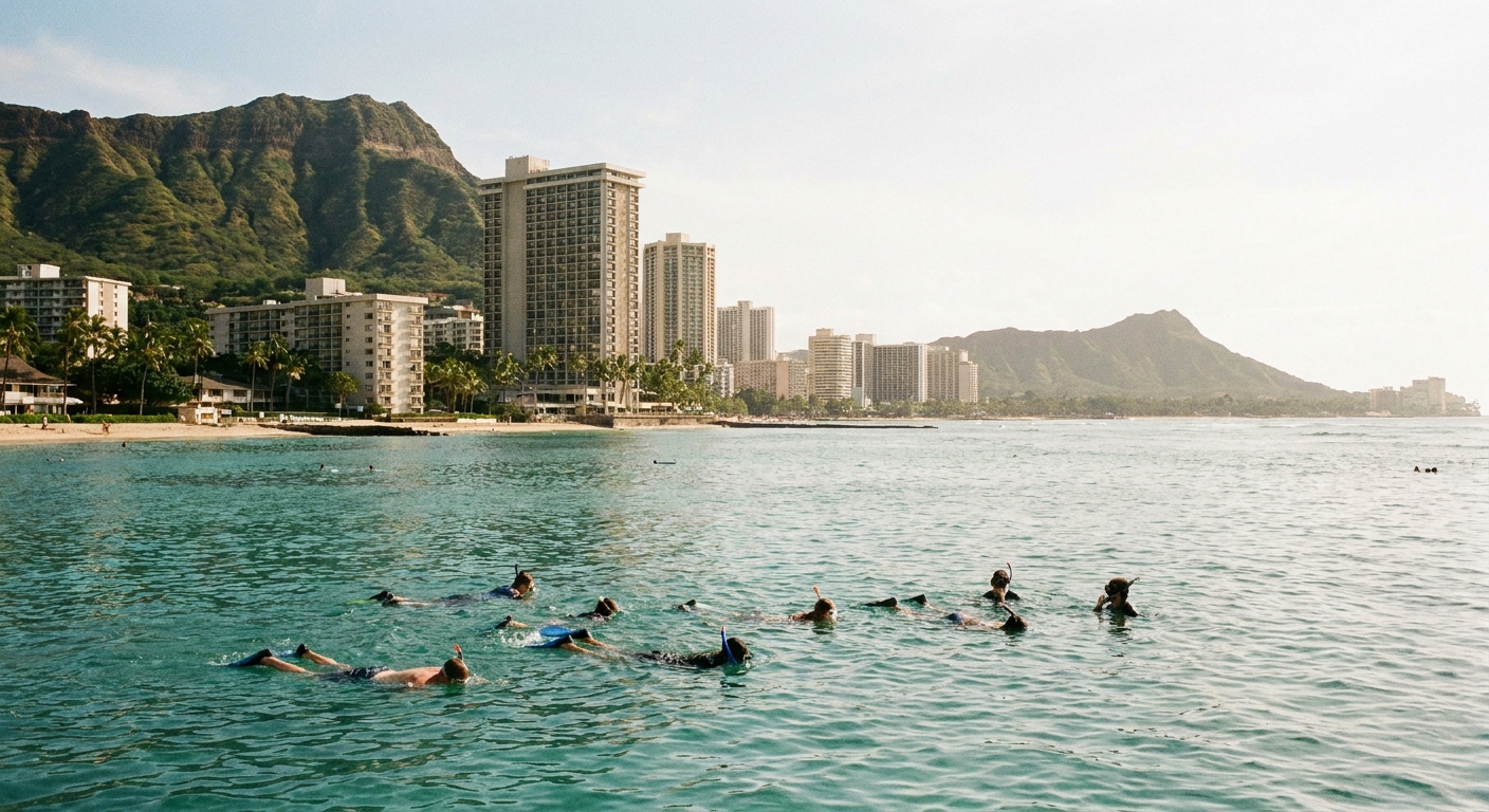Snorkelers in shallow turquoise water at a sheltered bay on Oahu
