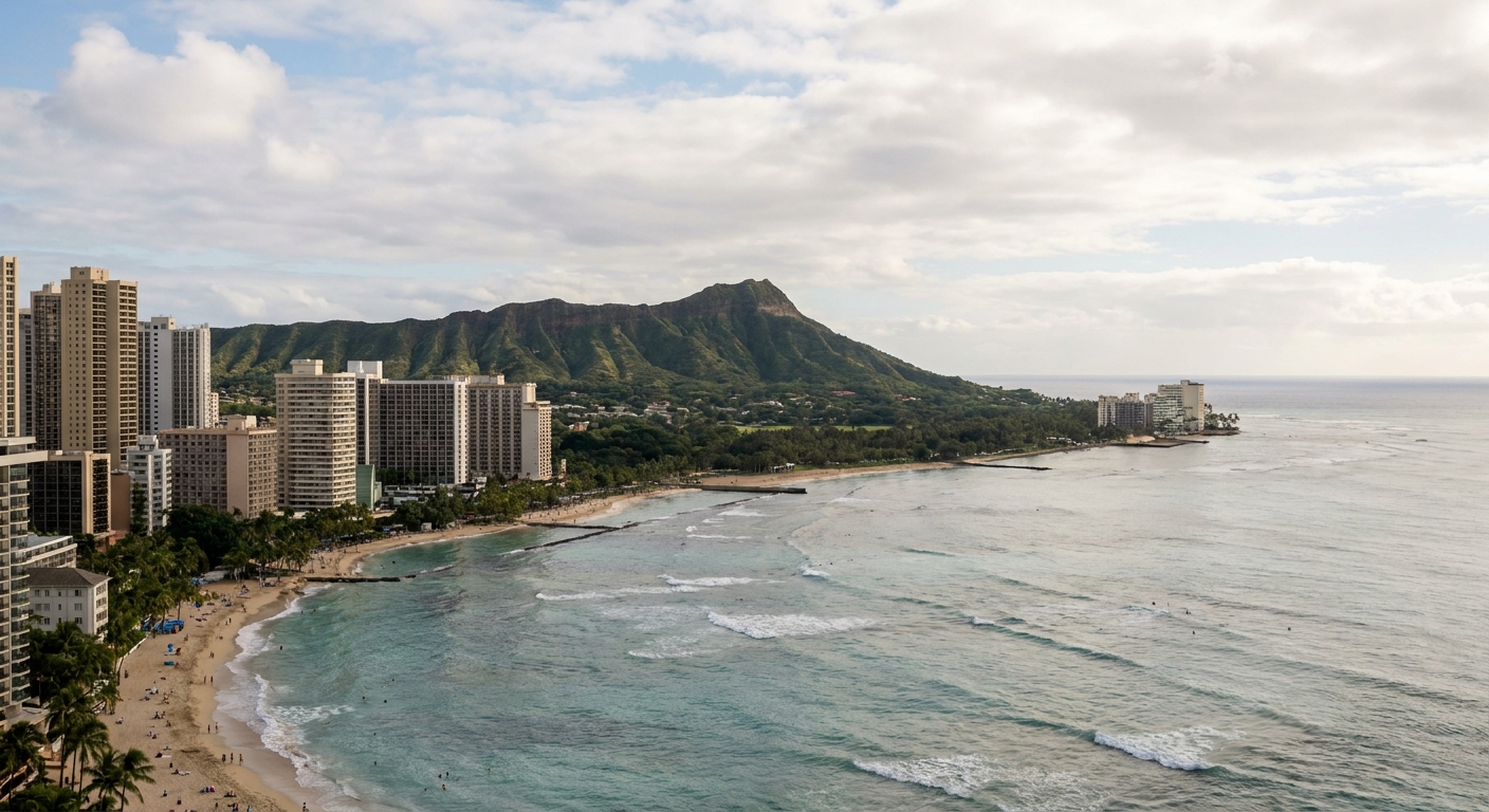 Waikiki beach and the Diamond Head crater under a partly cloudy sky