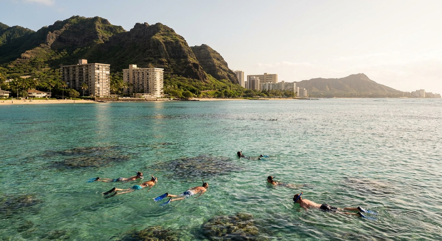 Snorkelers in shallow turquoise water inside a volcanic bay on Oahu