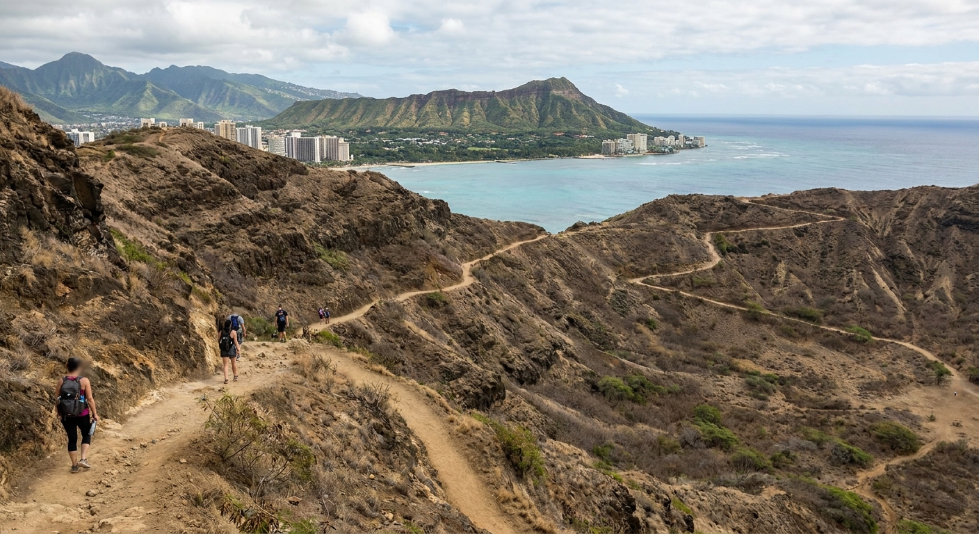 A trail switchbacking up the inside of a volcanic crater under a bright sky