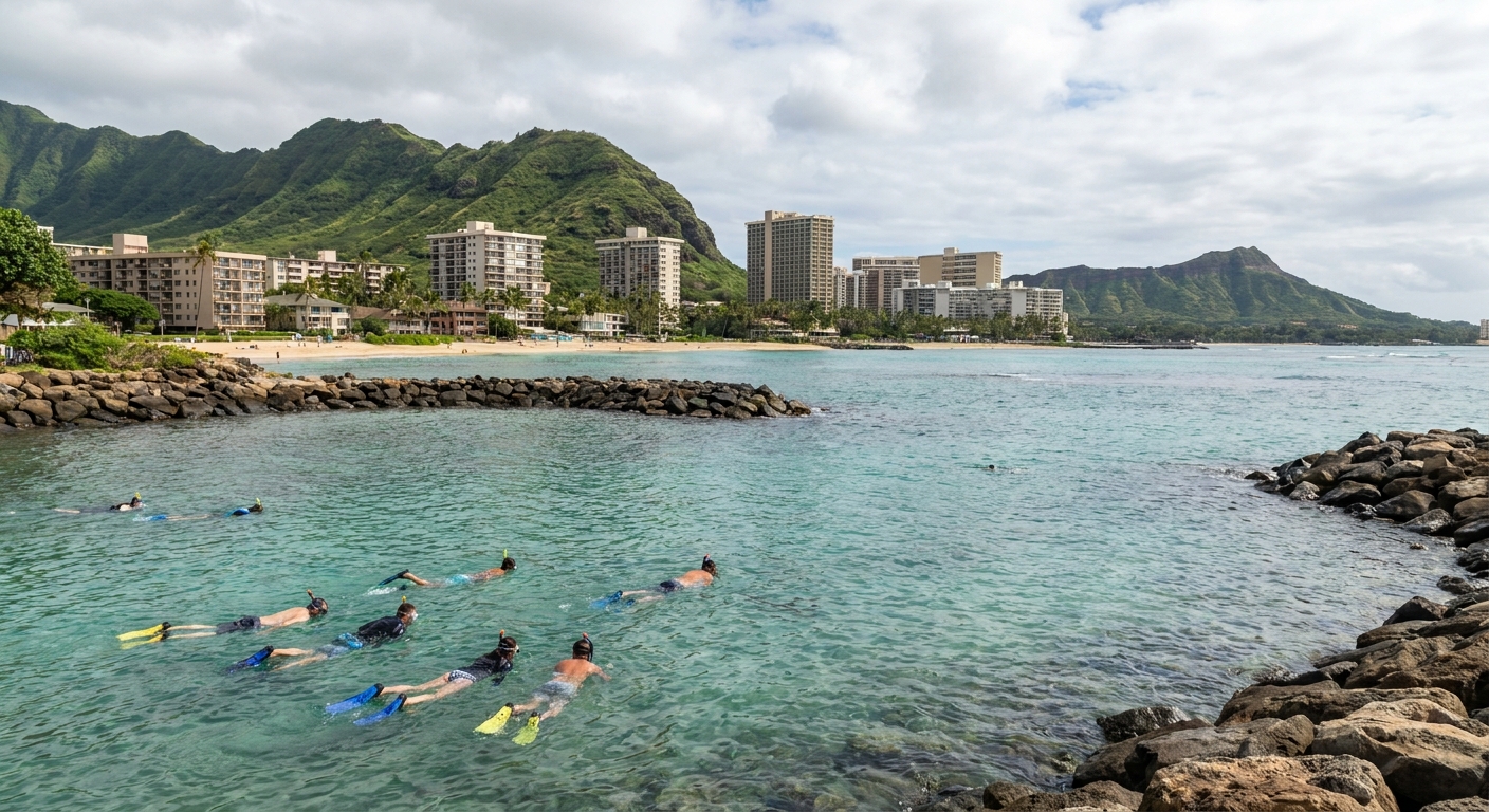 Snorkelers in shallow turquoise water in a sheltered bay on Oahu
