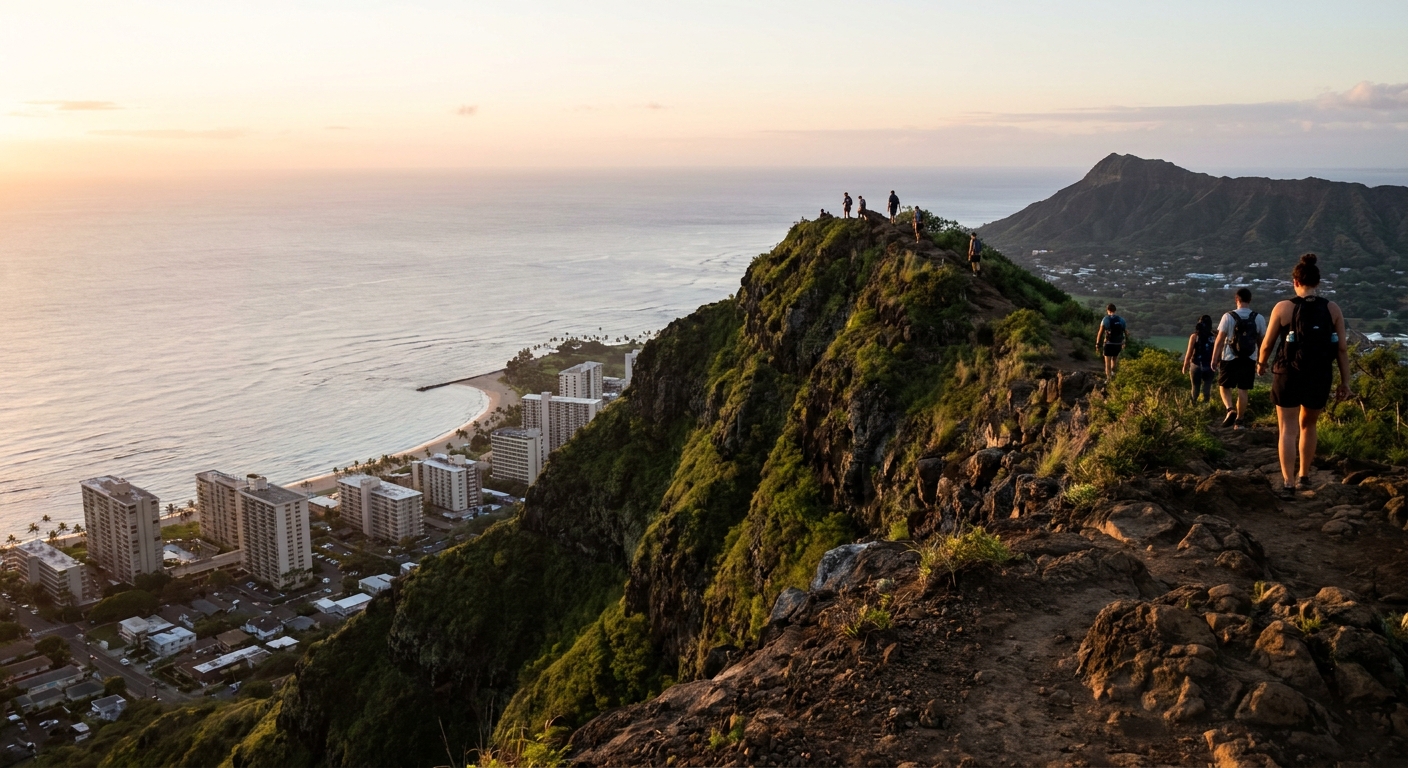 A ridge trail above a coastal city at sunrise with the ocean visible below