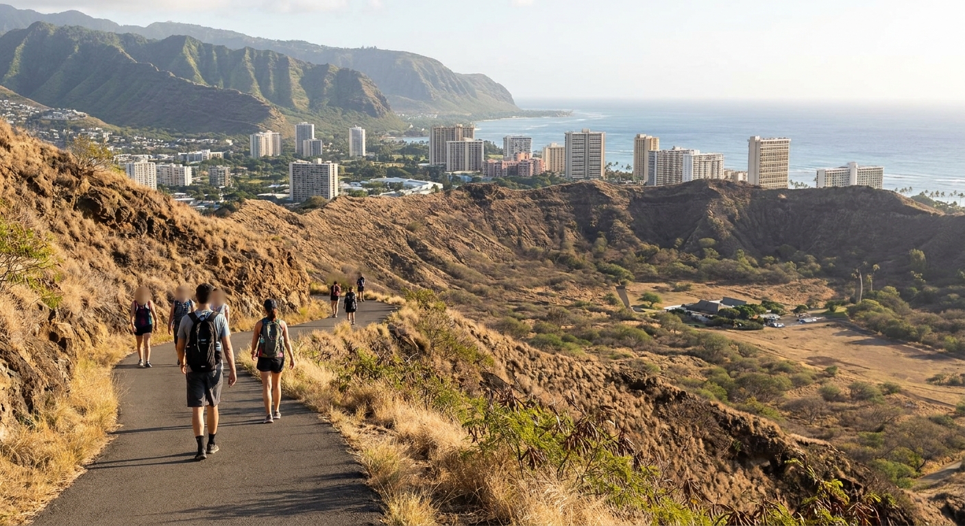 Paved trail climbing the inside of the Diamond Head crater under early morning light
