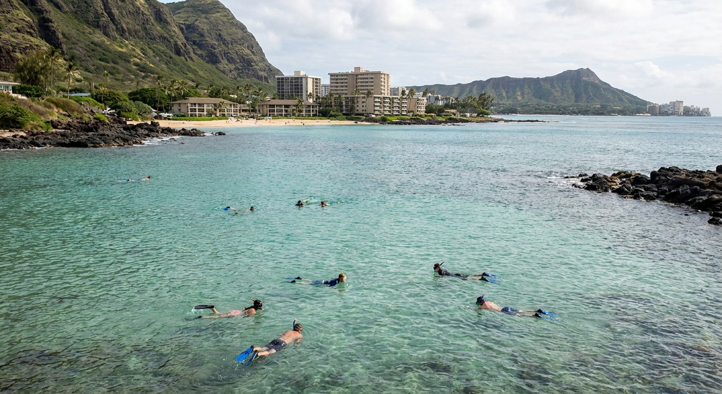 Snorkelers floating in shallow turquoise water inside a volcanic bay on Oahu