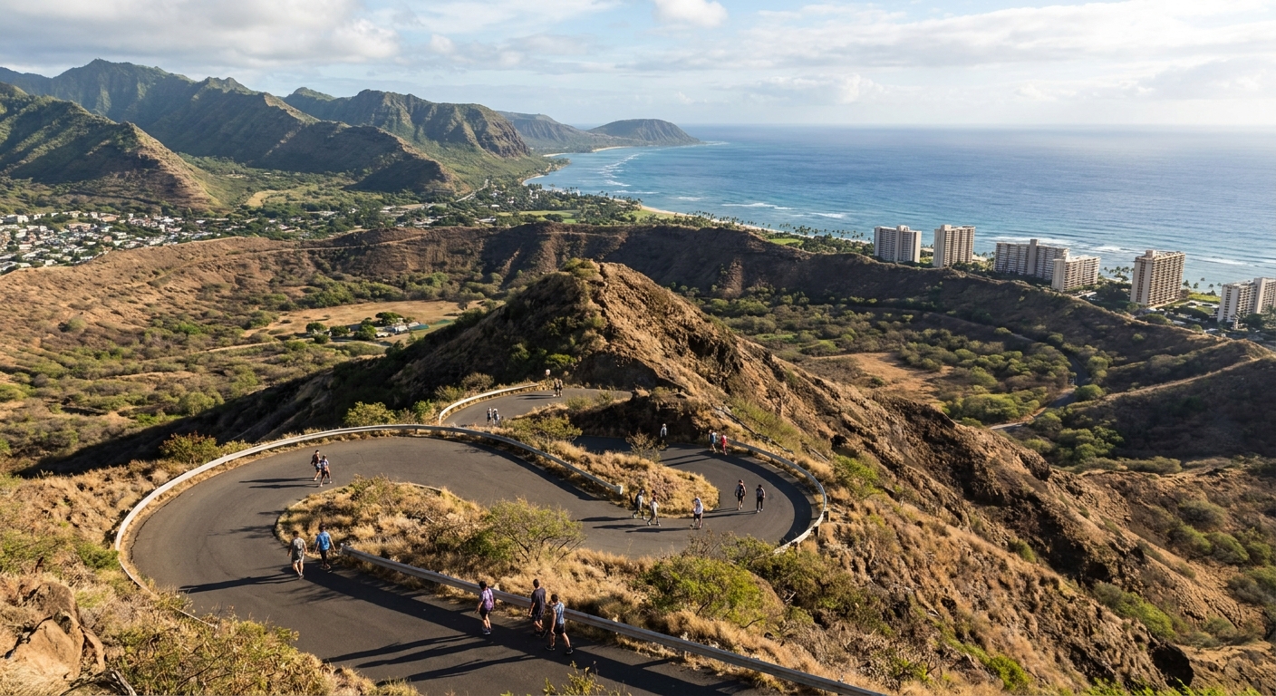 Hikers on the paved switchback trail inside Diamond Head crater with the ocean behind