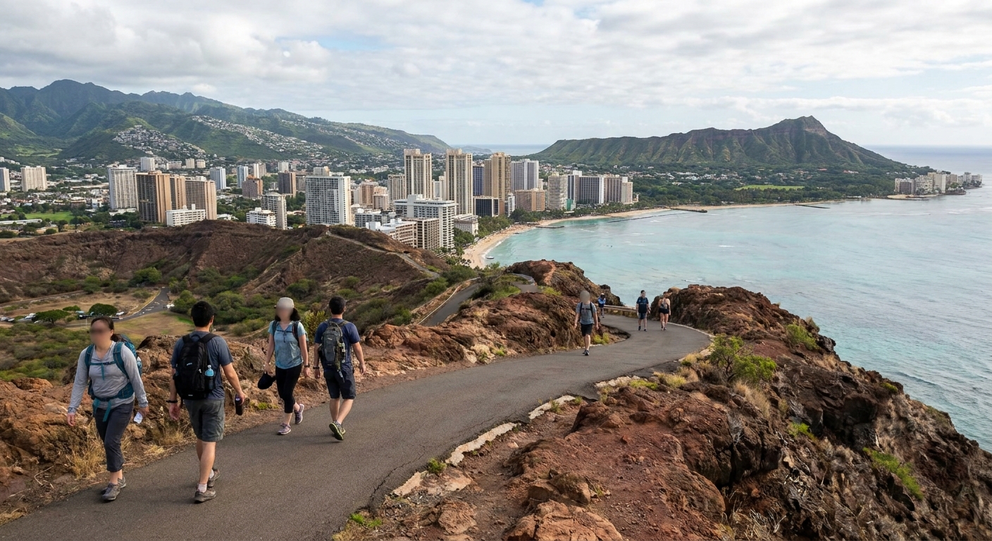 Hikers on a paved switchback trail climbing the rim of a volcanic crater above a coastal city