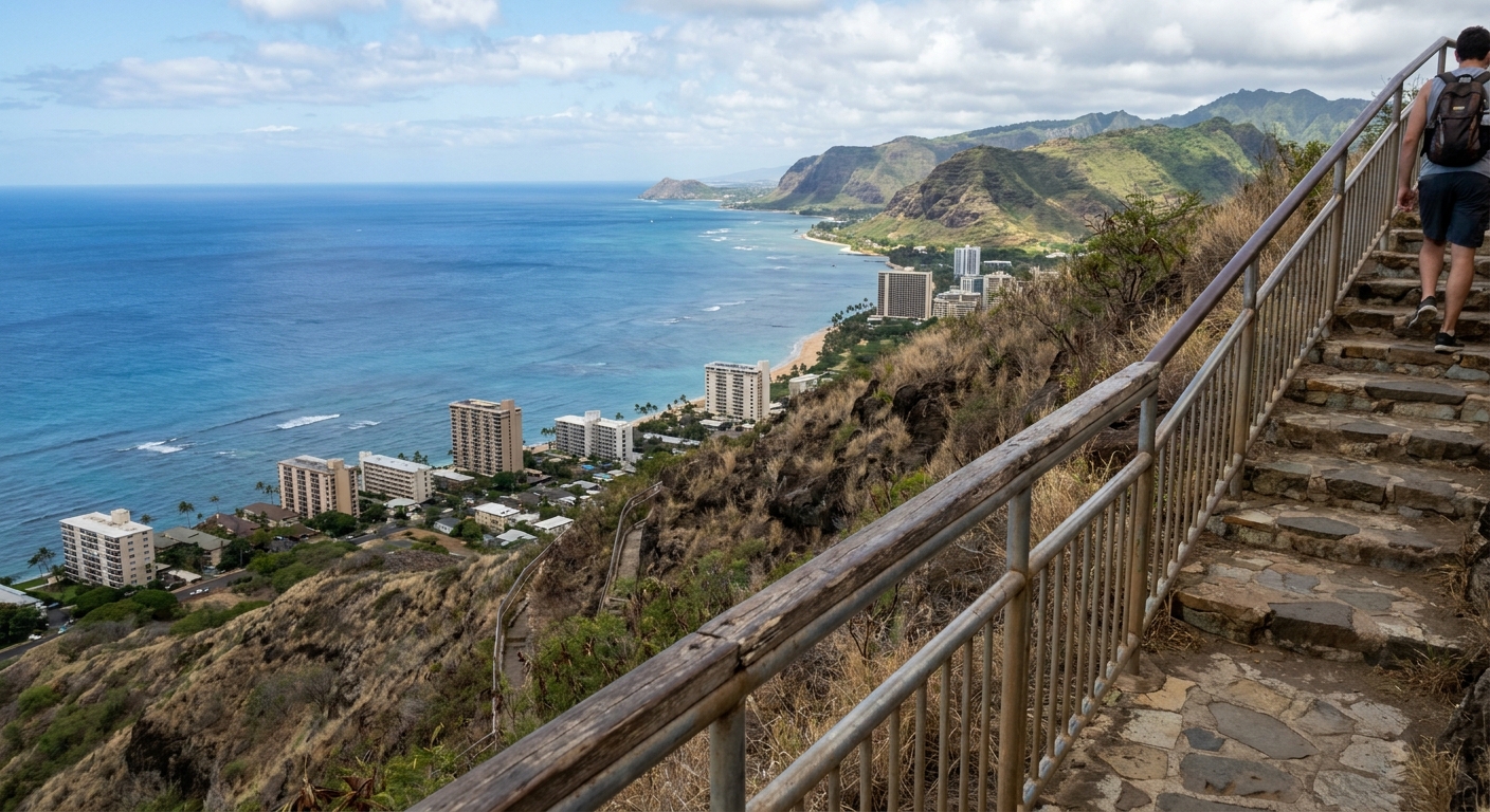 Stone steps and a handrail on the trail climbing Diamond Head crater with the ocean visible below