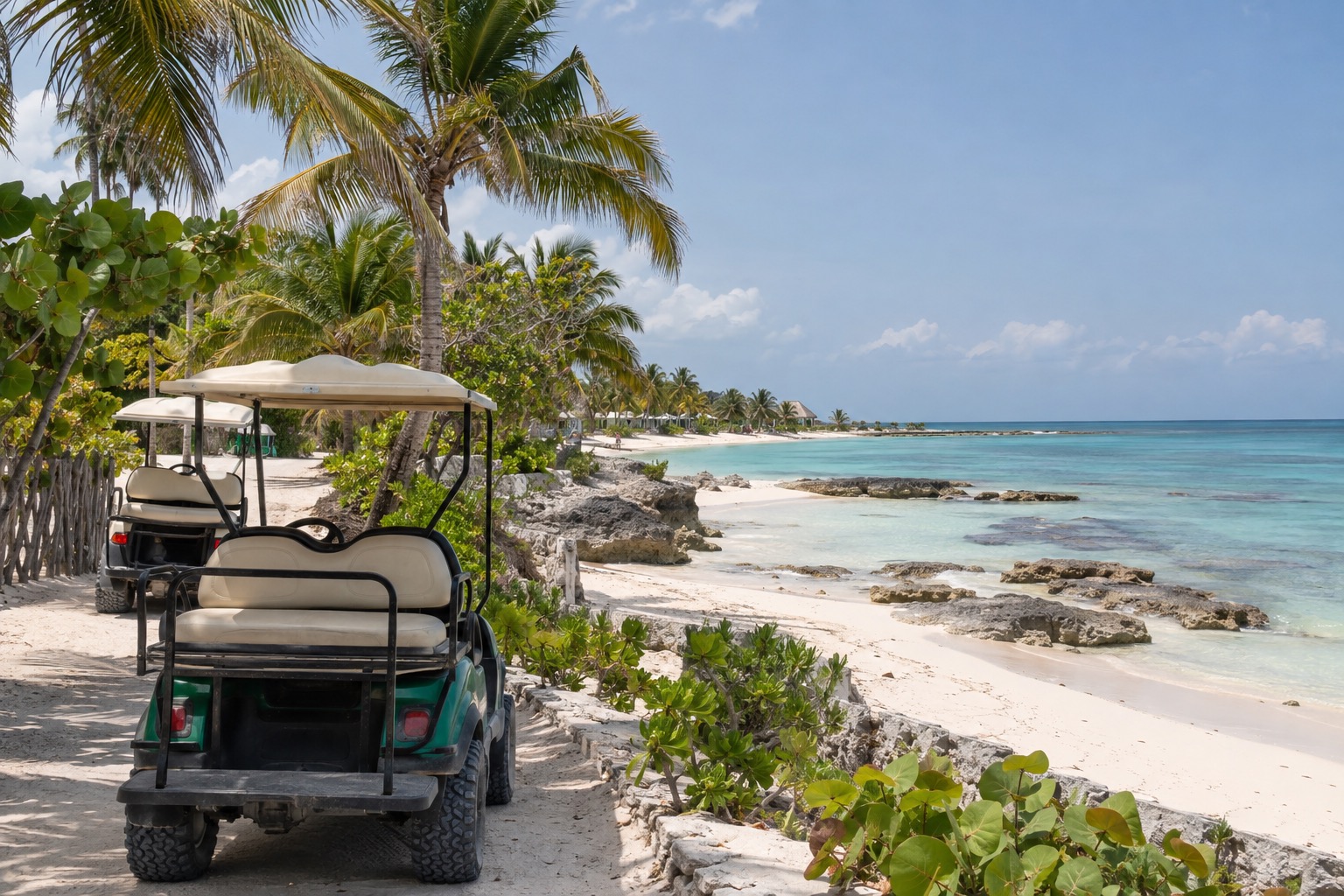 Golf carts parked beside a pale sand beach and calm turquoise water on a small Caribbean island